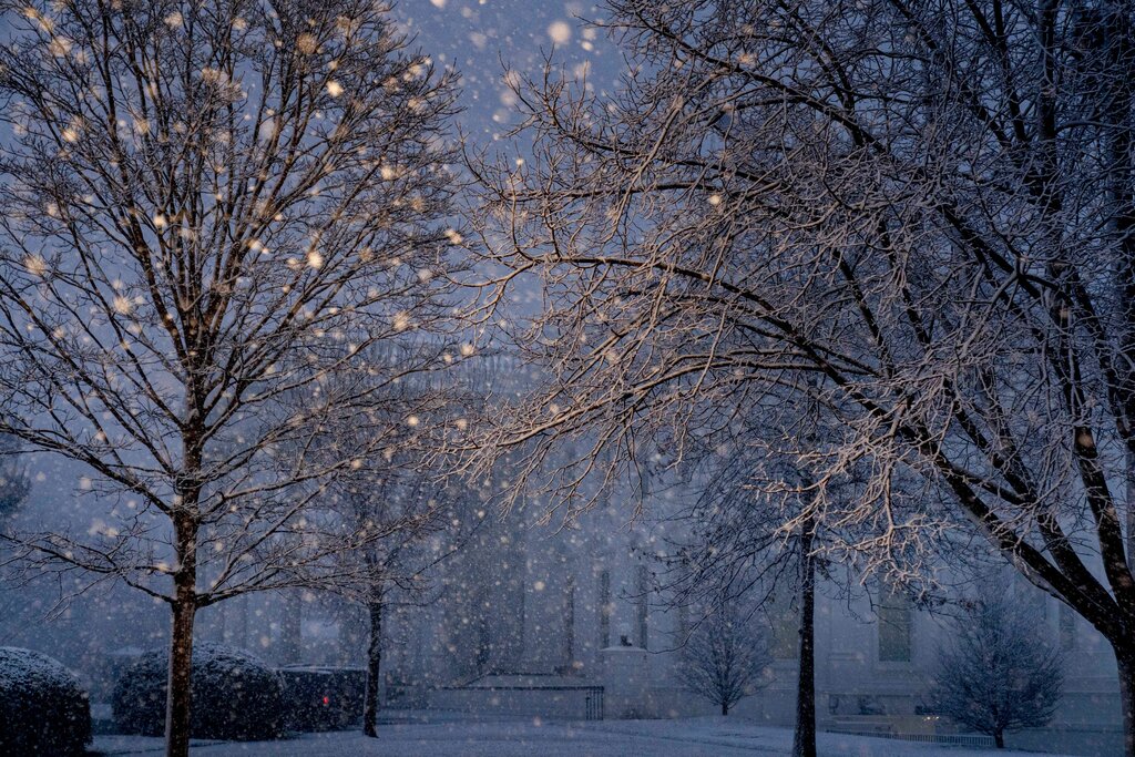 Snow falls at the White House early in the morning in Washington