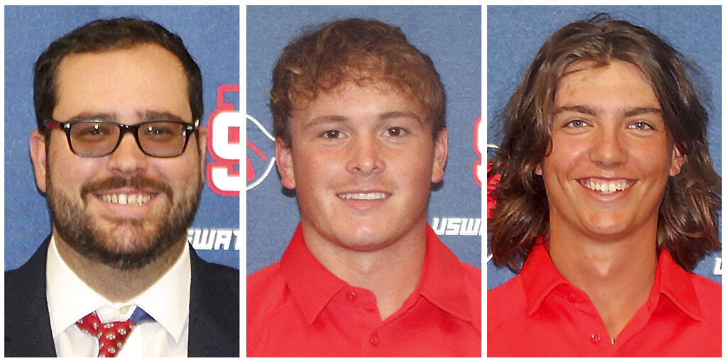 This combo of undated photos provided by the University of the Southwest, shows from left, golf coach Tyler James, and golfers Travis Garciaand Dayton Price. James and Garcia were killed, and Price was critically injured
