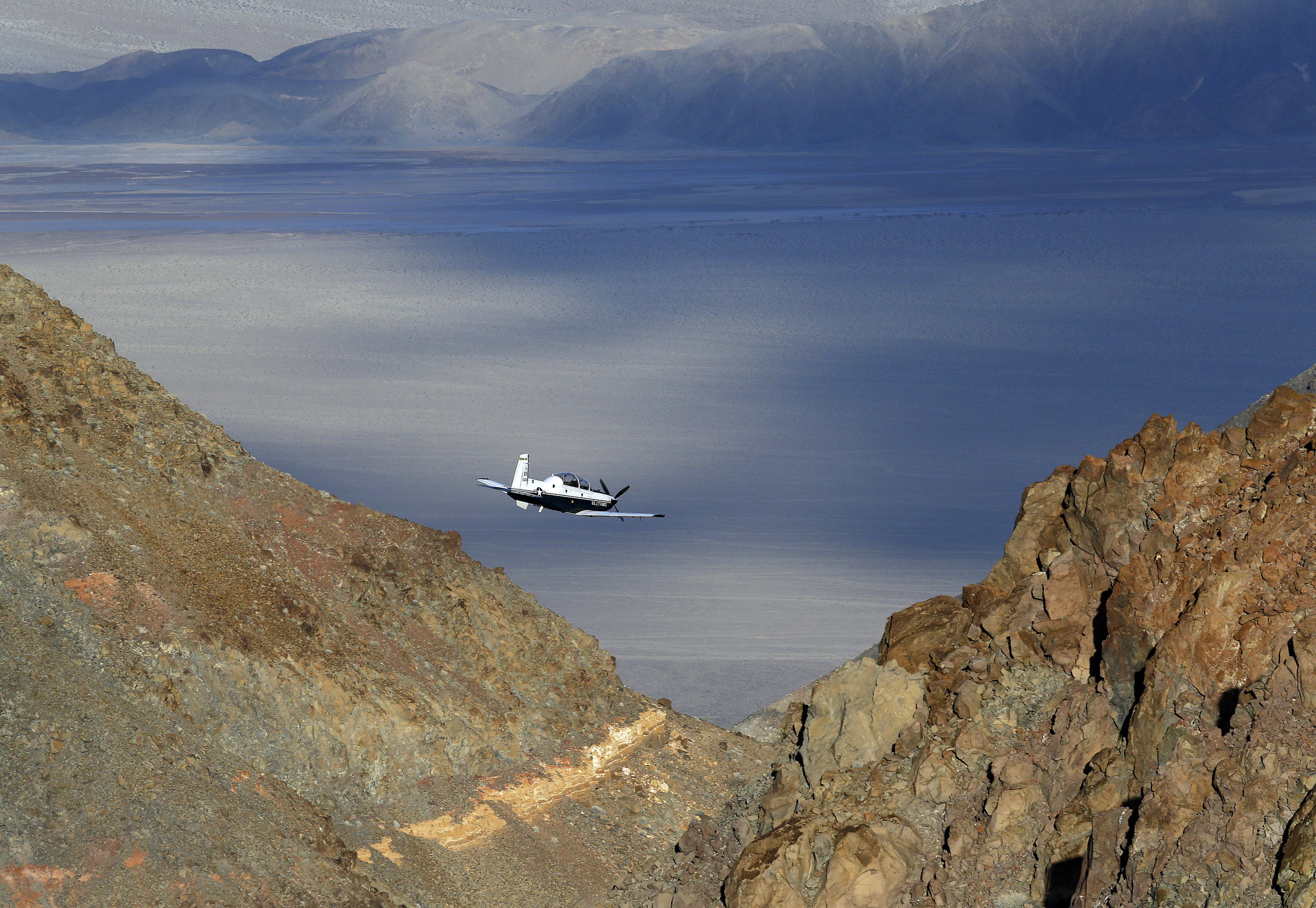 Beechcraft T-6 Texan II trainer from Sheppard AFB Texas flies out of what is known as Star Wars Canyon