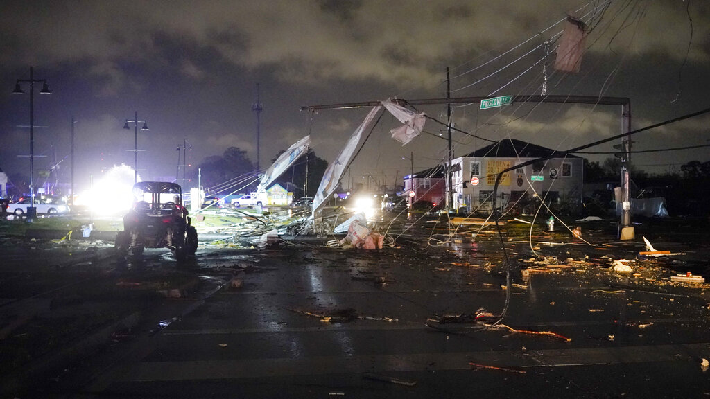 Debris in the street in New Orleans after tornado moved through area