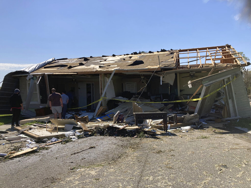 A house that was moved off its foundation during the tornado 