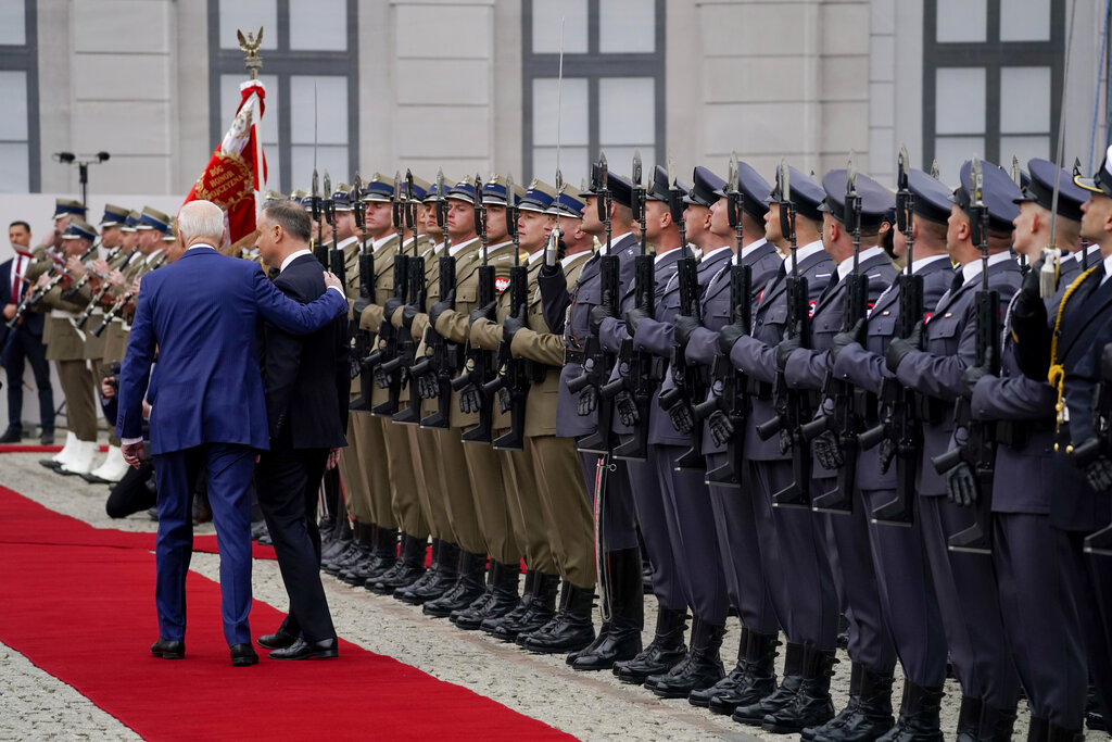 President Joe Biden participates in an arrival ceremony with Polish President Andrzej Duda