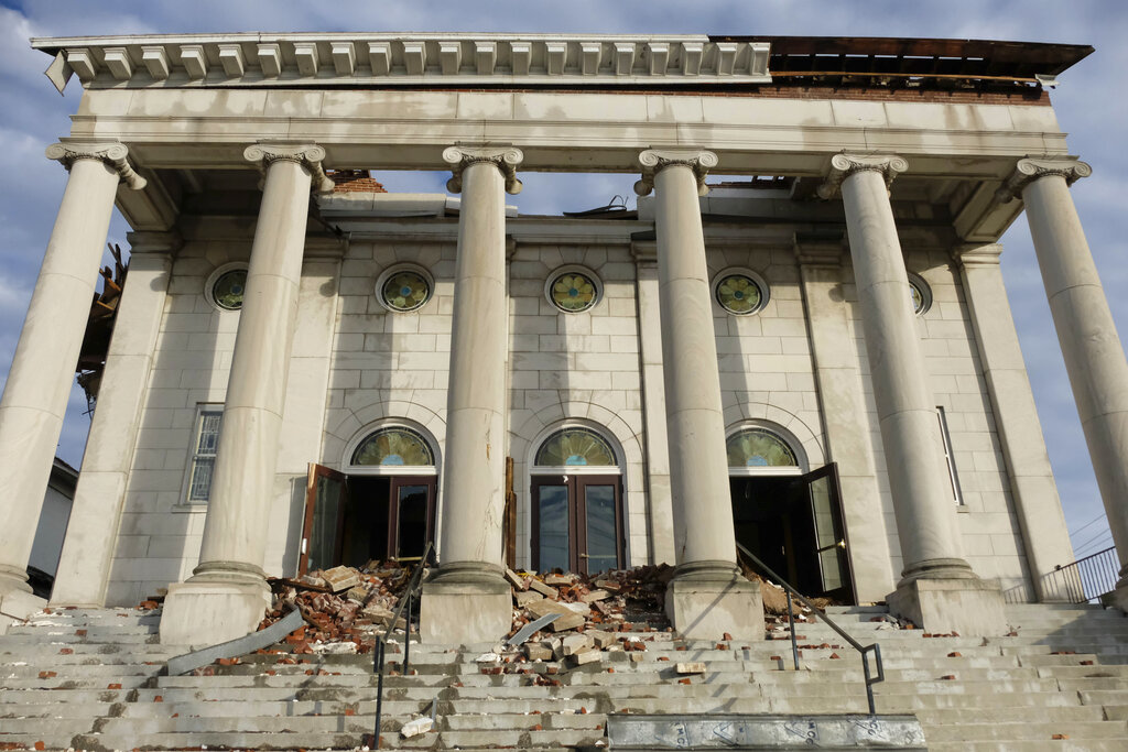 The damaged facade of the First United Methodist Church in Mayfield, Ky., after the deadly tornado