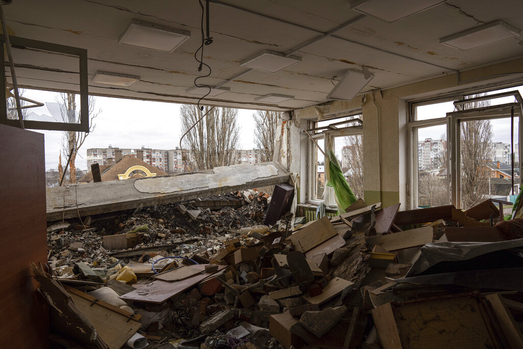View of a school damaged by an airstrike by Russian forces in Chernihiv, Ukraine
