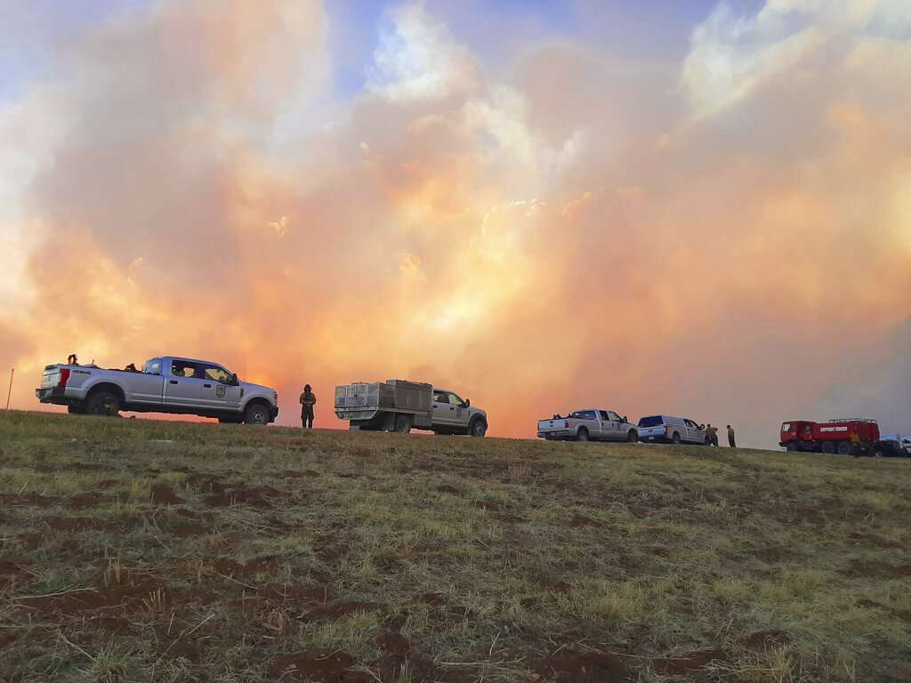 Plumes of smoke from wildfires are seen from a New Mexico highway