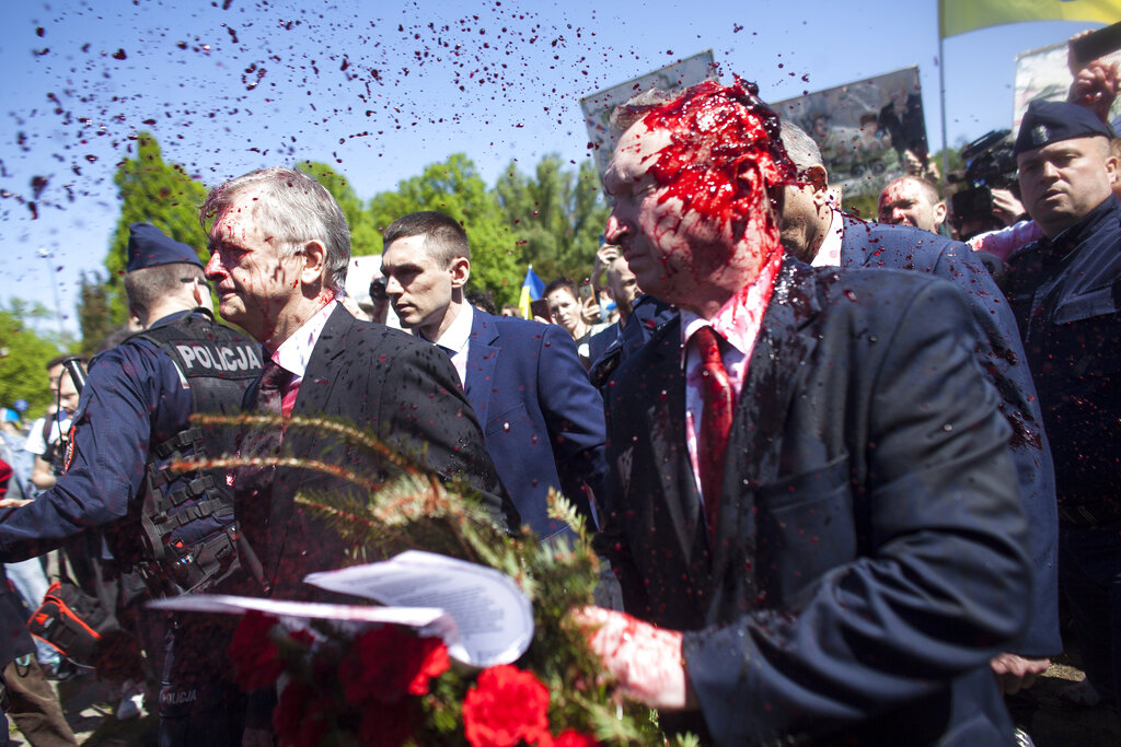 Russian Ambassador to Poland, Ambassador Sergey Andreev is covered with red paint in Warsaw, Poland