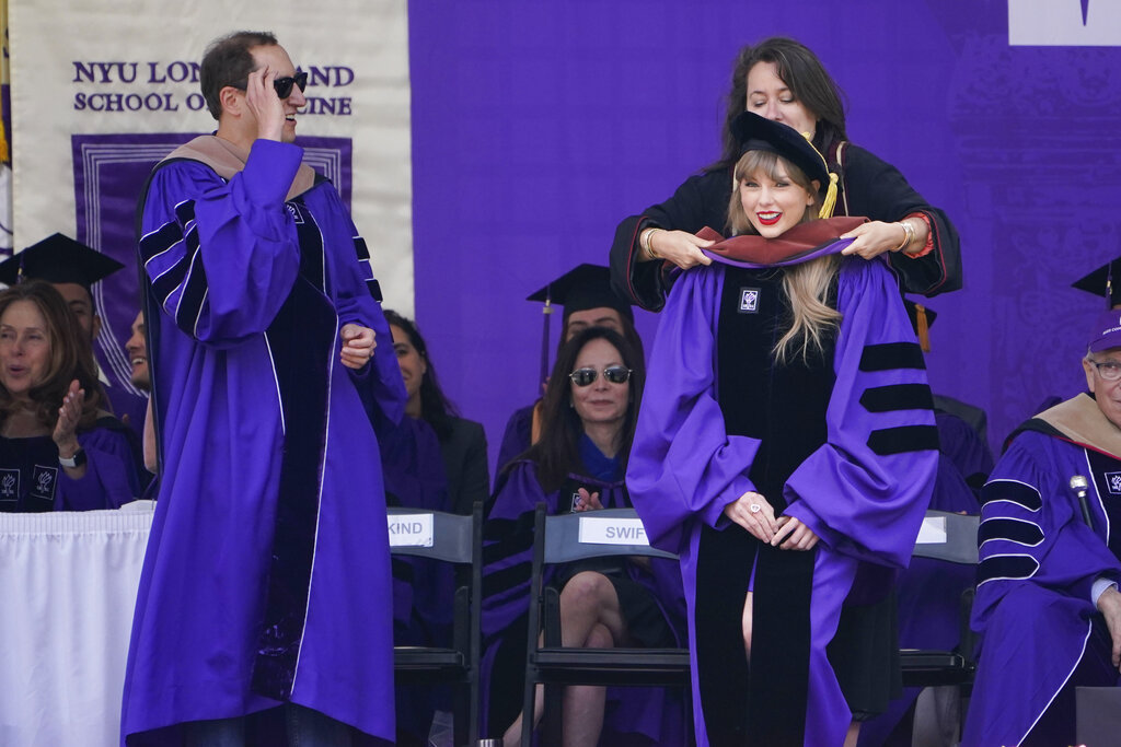 Taylor Swift receives an honorary degree during a graduation ceremony for New York University at Yankee Stadium 