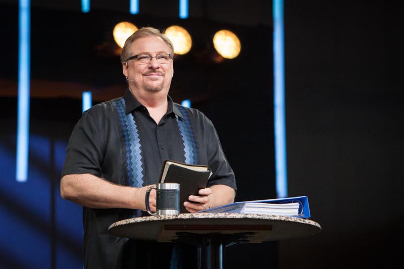 Pastor Rick Warren preaches at Saddleback Church, which he founded with his wife Kay in 1980.