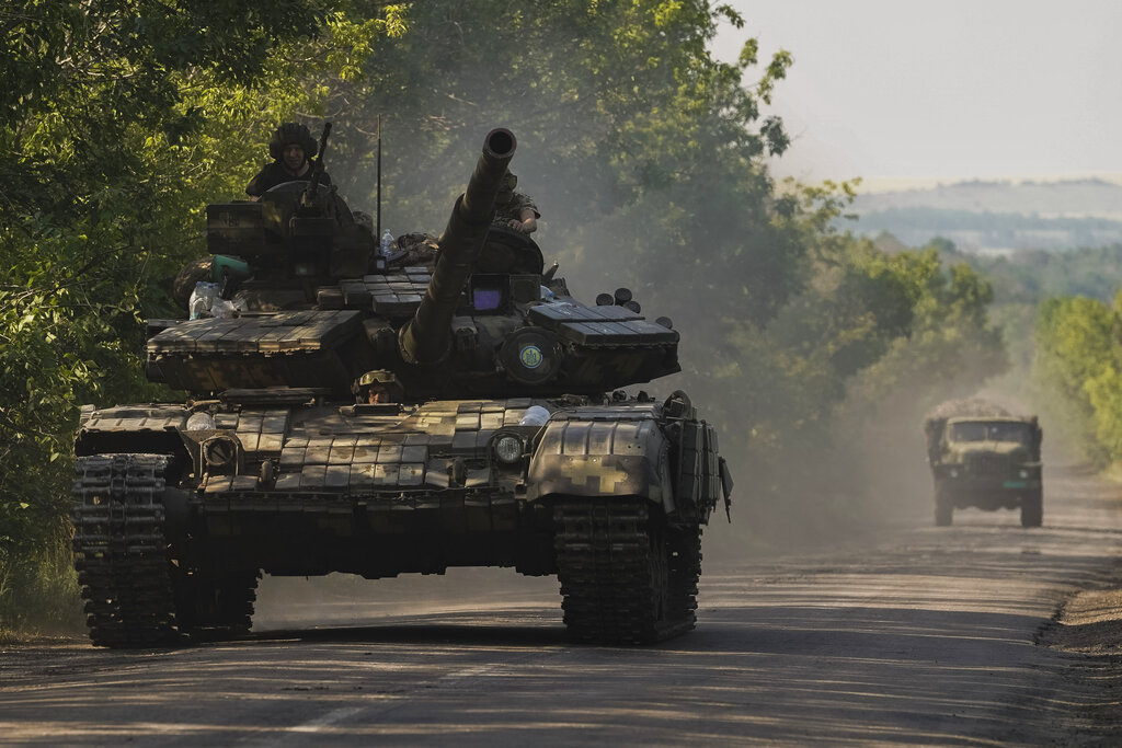 A Ukrainian tank drives in Donetsk region, eastern Ukraine