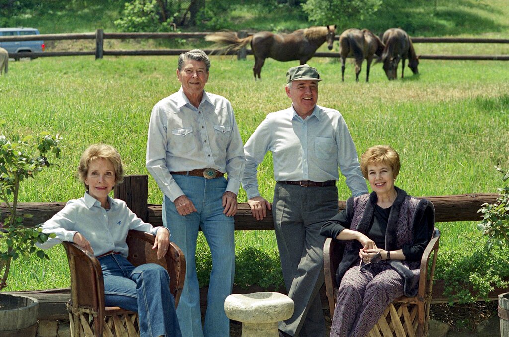 U.S. former President Ronald Reagan, his wife Nancy, and former Soviet President Mikhail Gorbachev and wife, Raisa on Sunday, May 3, 1992 at Rancho del Cielo, the Reagan