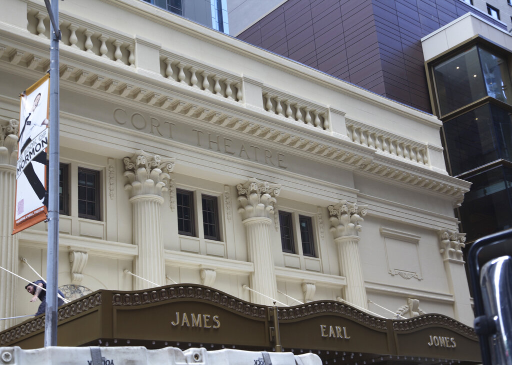 The name James Earl Jones appears on the newly restored Cort Theatre on Broadway in New York