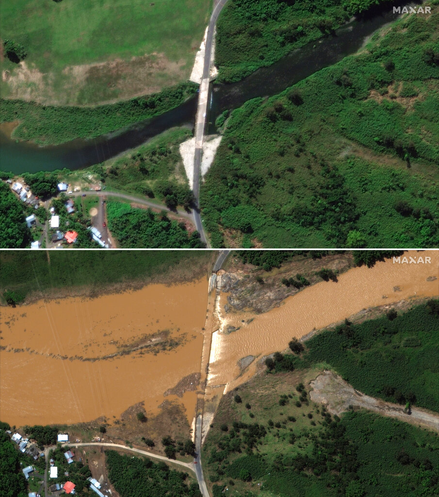 Combination of two satellite images provided by Maxar Technologies shows above, a Jan. 18, 2022 view of a bridge over the Rio Grande de Arecibo before the passing the Hurricane Fiona, in Arecibo, Puerto Rico, and a photo of the damaged bridge after the passing of Hurricane Fiona
