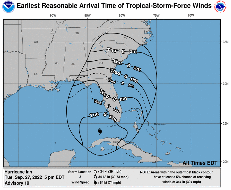 Predicted storm-force wind arrival times