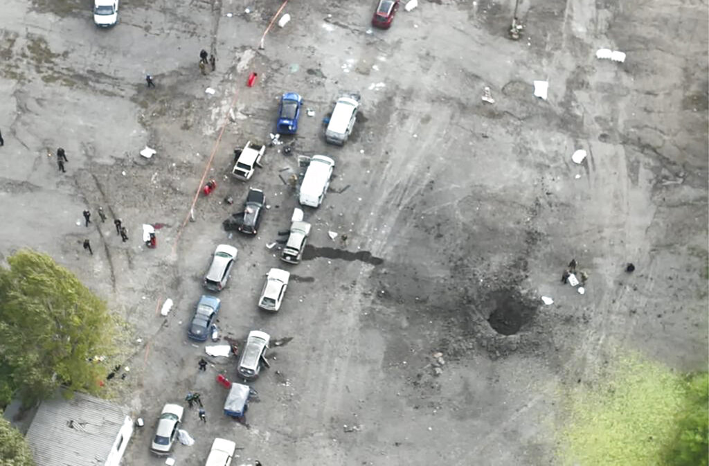 View from a drone shows the site of a Russian rocket attack in Zaporizhzhia, Ukraine
