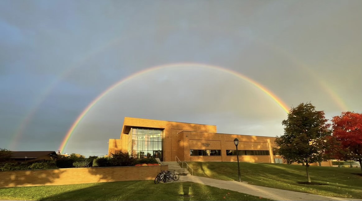 A double rainbow over Centennial Library on a quiet Cedarville University campus