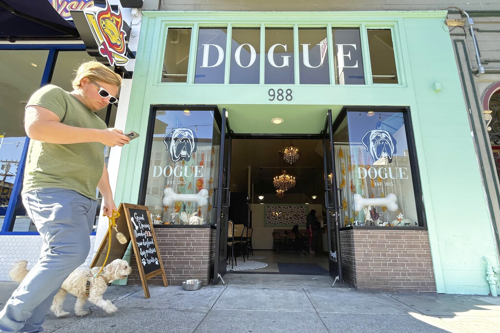 A pedestrian walks his dog by Dogue, a dog restaurant in San Francisco