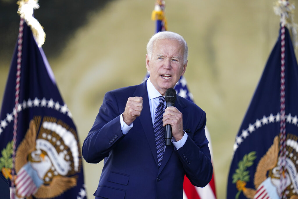 President Joe Biden speaks about the CHIPS and Science Act, a measure intended to boost the semiconductor industry and scientific research, at communications company ViaSat in Carlsbad, Calif.