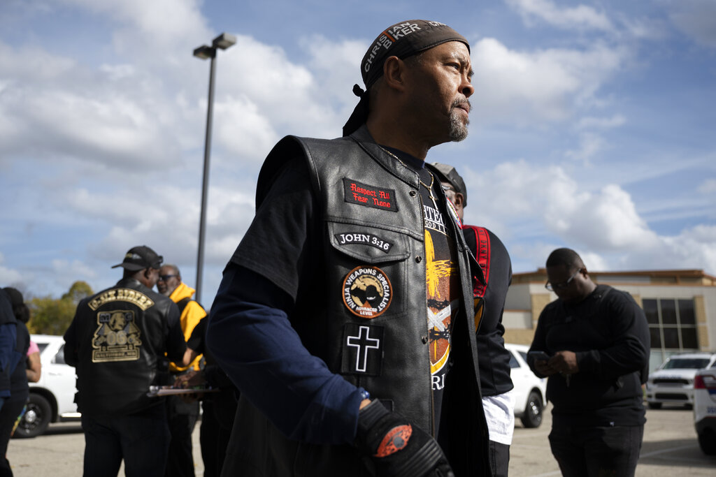 Rev. Alyn Waller of Enon Tabernacle Baptist Church looks on after rallying fellow bikers for a "Black Bikers Vote" procession in Philadelphia