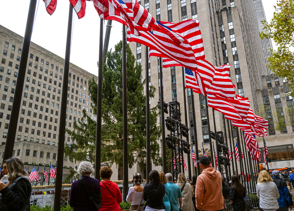 Visitors watch as the 2022 Rockefeller Center Christmas is raised from a trailer 