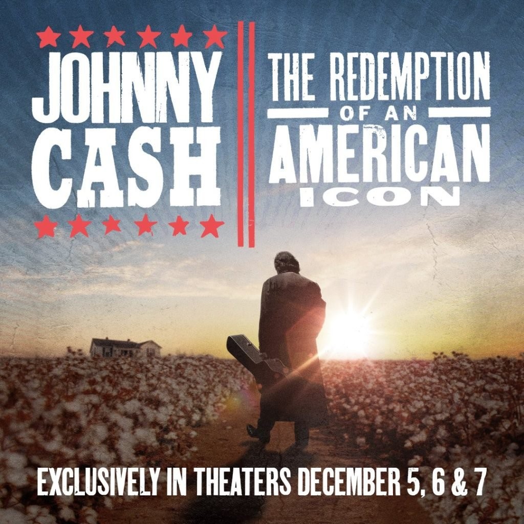 Big letters with Johnny Cash carrying a guitar case through a cotton field