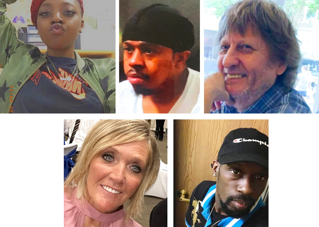 This combination of photos provided by the Chesapeake, Va., Police Department shows top from left, Tyneka Johnson, Brian Pendleton and Randy Blevins, and, bottom from left, Kellie Pyle and Lorenzo Gamble, who Chesapeake police identified as victims of a shooting that occurred late Tuesday