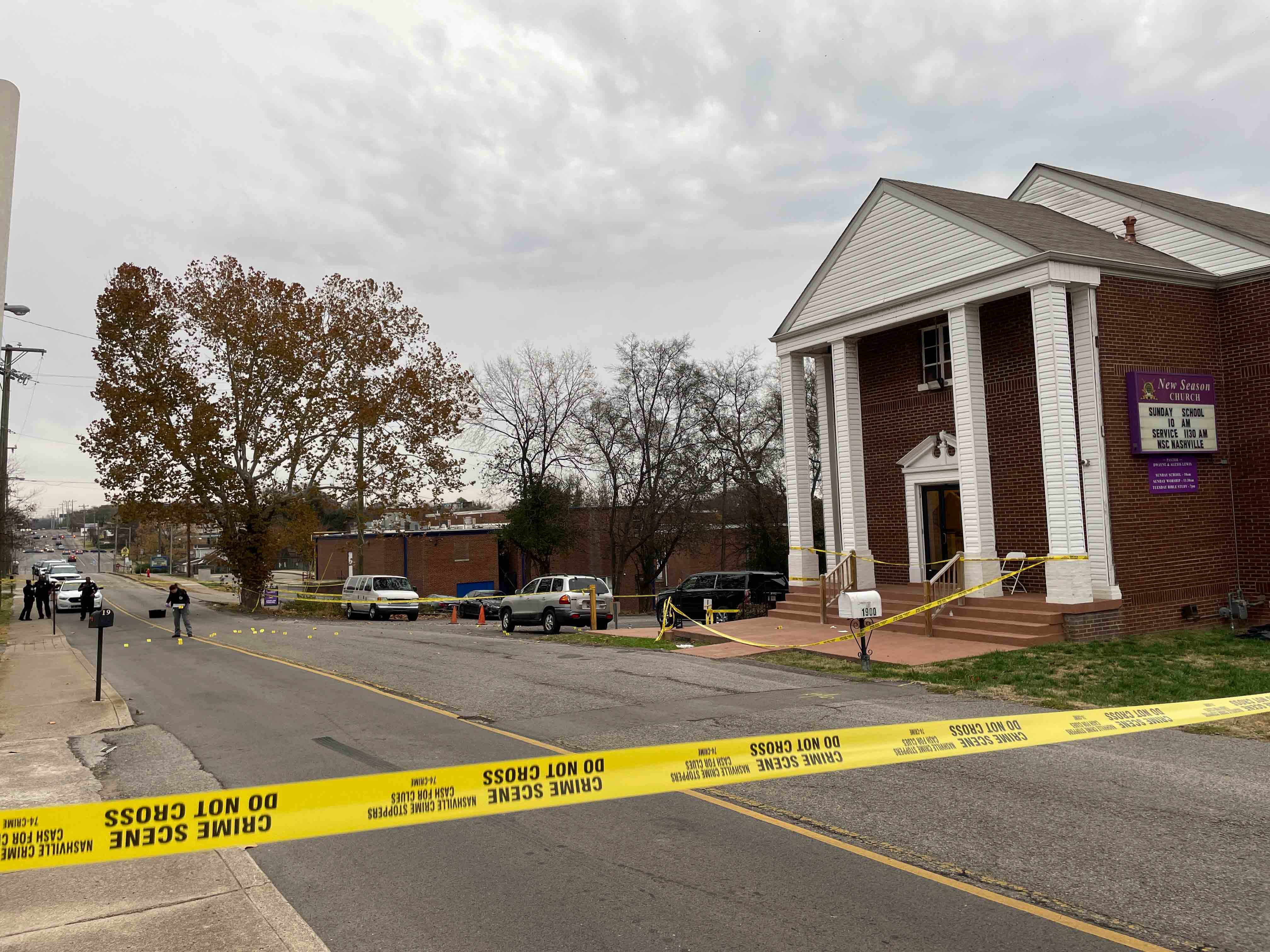 A crime scene is taped off at New Season Church in Nashville, Tenn., on Saturday, Nov. 26, 2022.