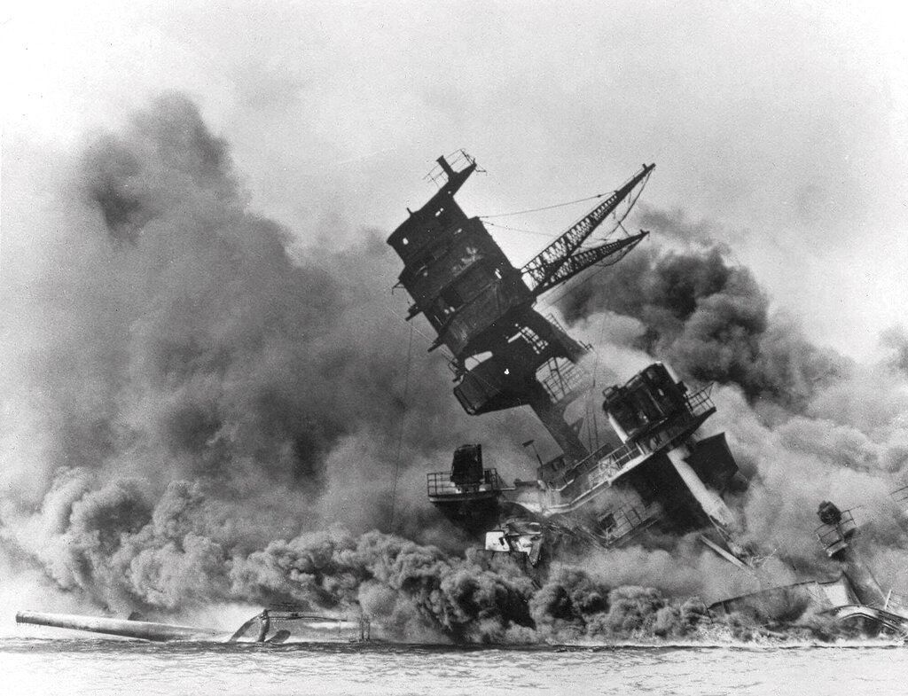 Smoke rises from the battleship USS Arizona as it sinks during the Japanese attack on Pearl Harbor, Hawaii, Dec. 7, 1941.