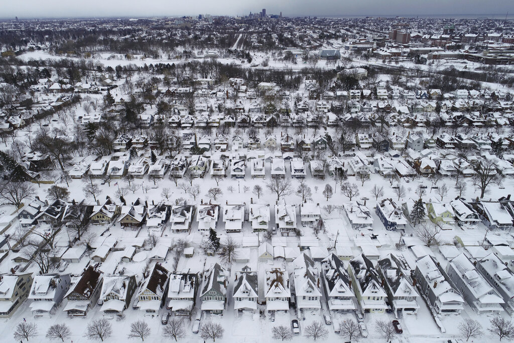 An aerial view of the 1901 Pan-American Exposition neighborhood in Buffalo, N.Y., which remains coated in a blanket of snow after a blizzard,