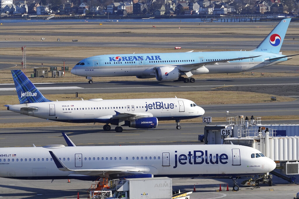 Passenger jets on the tarmac at Logan International Airport in Boston