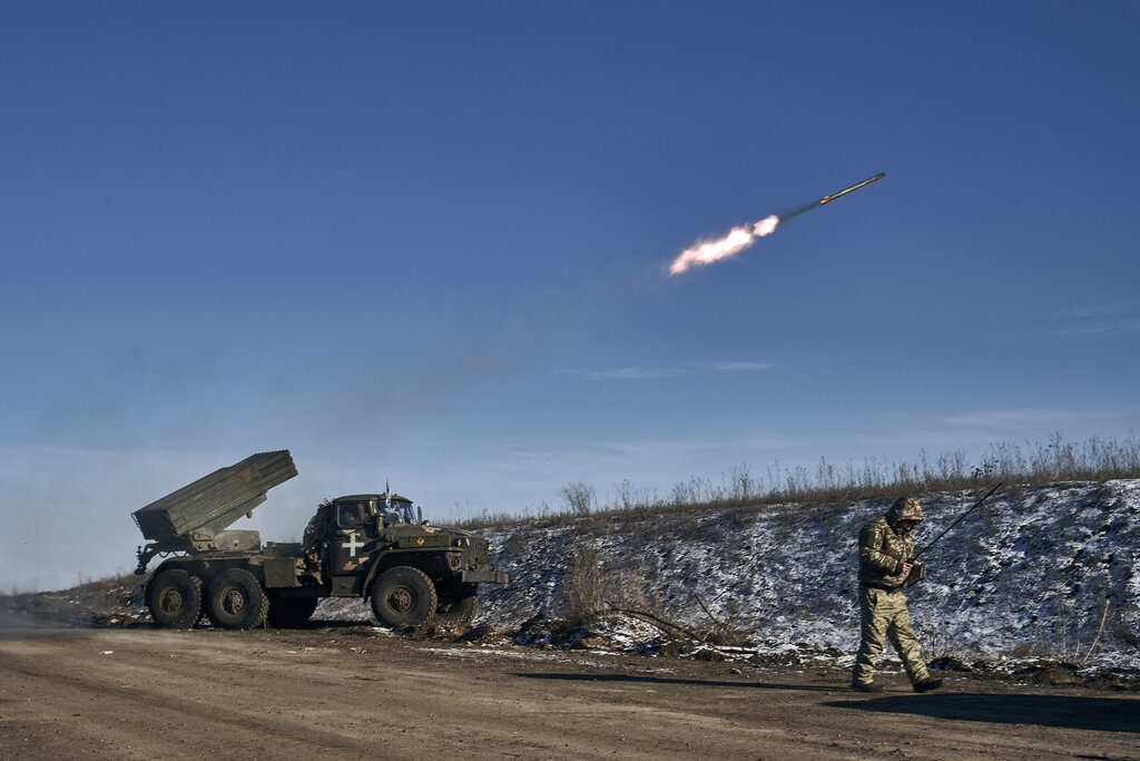 Ukrainian army Grad multiple rocket launcher fires rockets at Russian positions in the frontline near Soledar