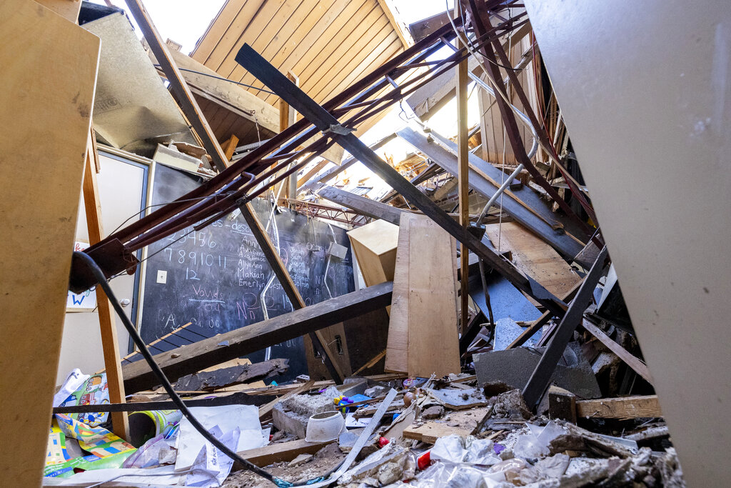 A heavily-damaged classroom in the preschool building at Crosspoint Christian Church in Selma, Ala. 