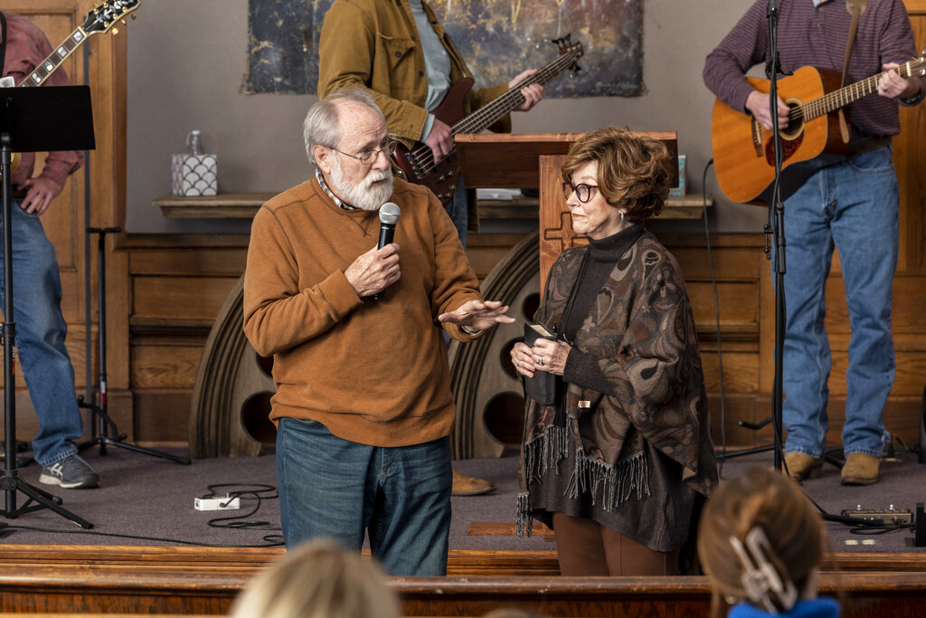 Roger Stewart and his wife, Pamela, talk about being blessed to be alive during a service at Blue Jean Church 