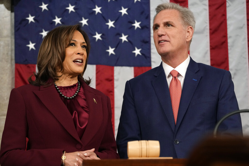 Vice President Kamala Harris and House Speaker Kevin McCarthy of Calif., talk before President Joe Biden delivers the State of the Union address to a joint session of Congress at the U.S. Capitol