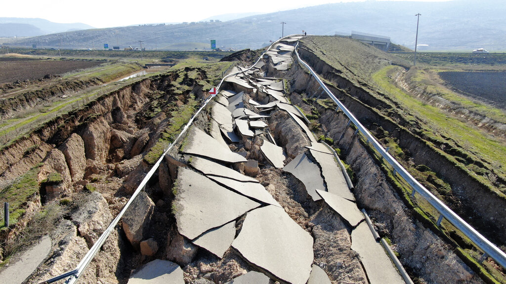 Cracks along the road near Koseli village in Pazarcik, Kahramanmaras, southern Turkey