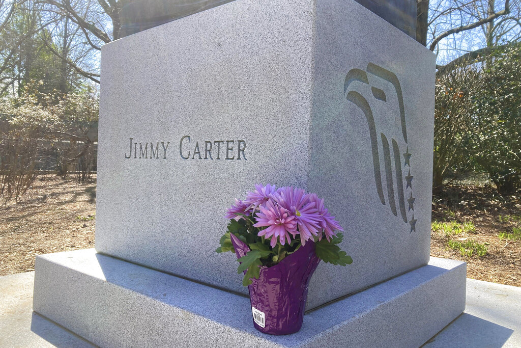 Flowers are shown on the grounds of the Carter Center in Atlanta