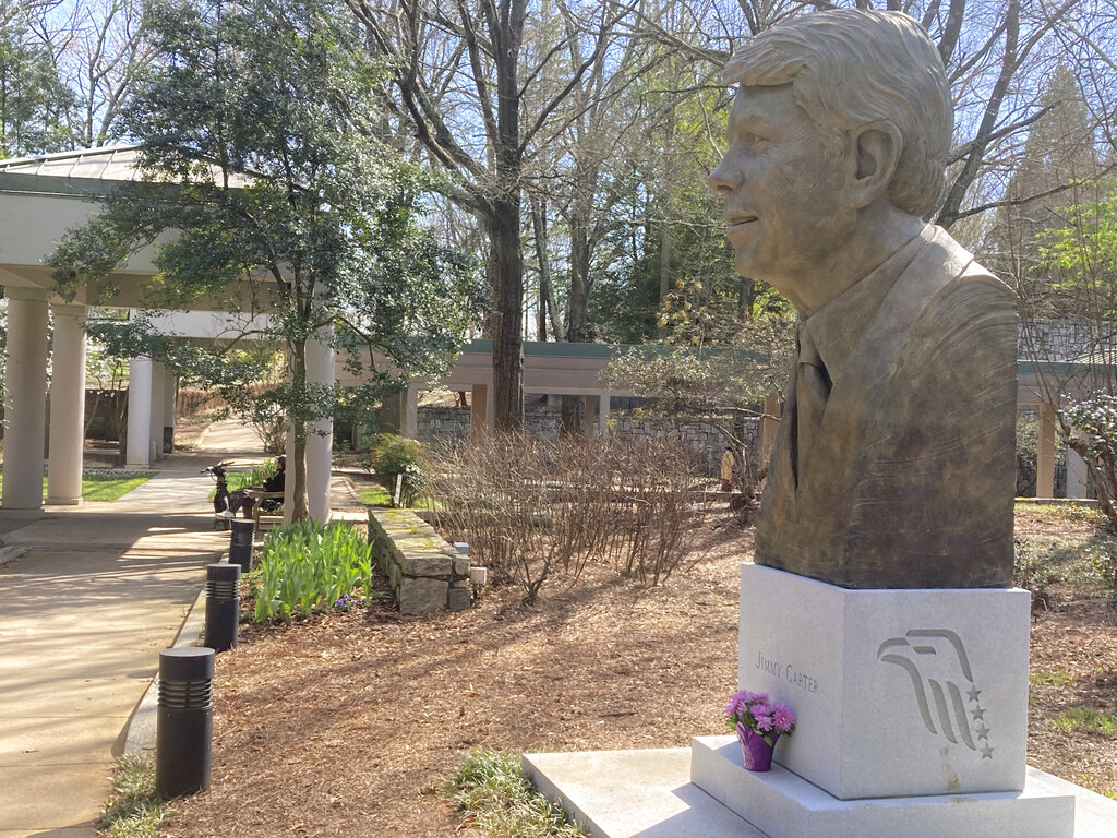 Flowers are shown on the grounds of the Carter Center in Atlanta