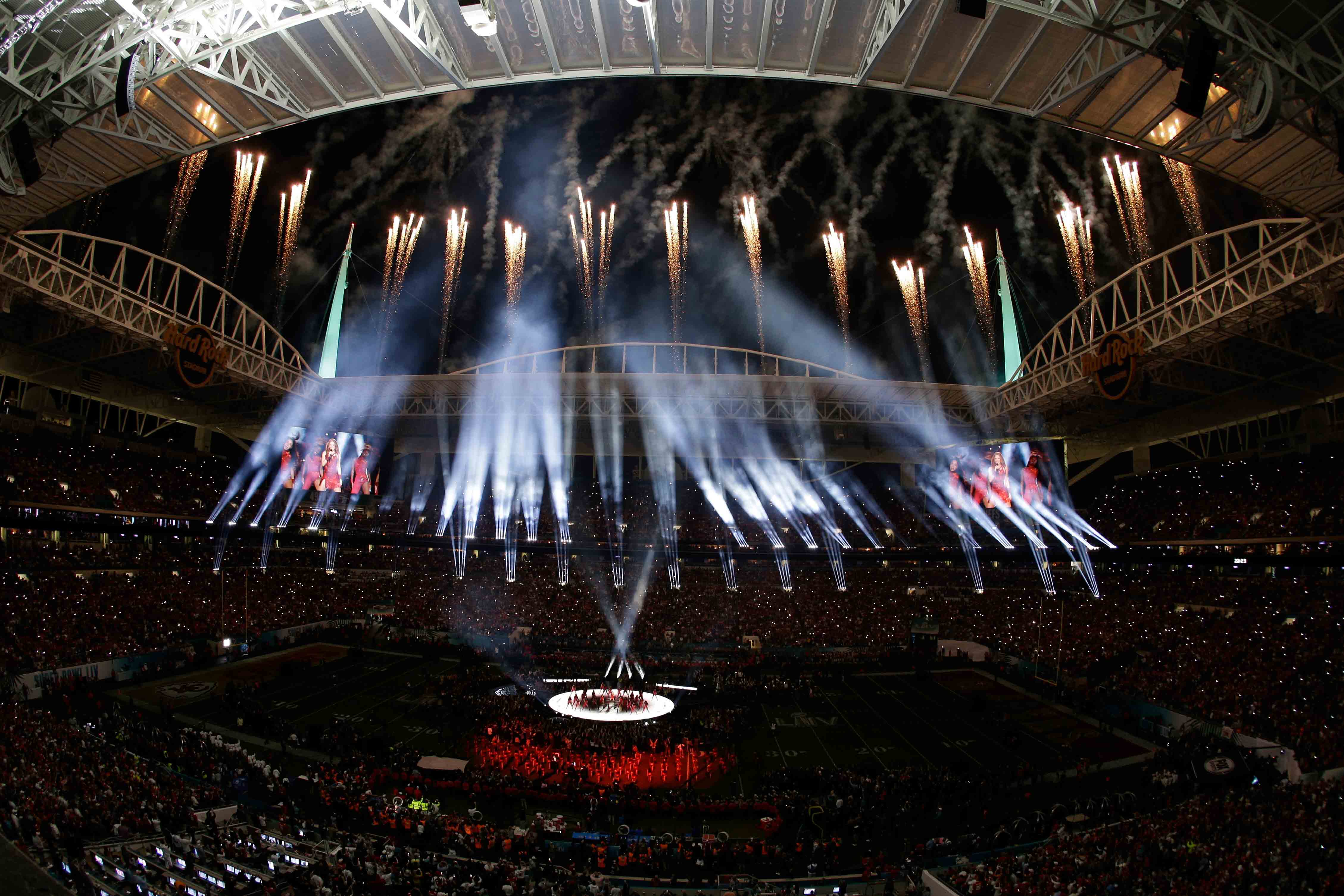 Fireworks go off during the halftime show at the NFL Super Bowl 54 football game between the San Francisco 49ers and Kansas City Chiefs